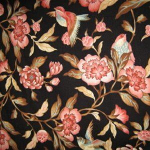 Cotton Birds & Flowers 4.56 Yds. Red Rooster Fabrics Emma Grace, Coral on Black
